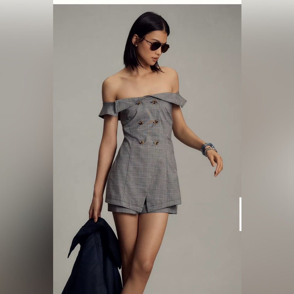 Maeve by Anthropolgie Off the Shoulder Plaid Rhomper
